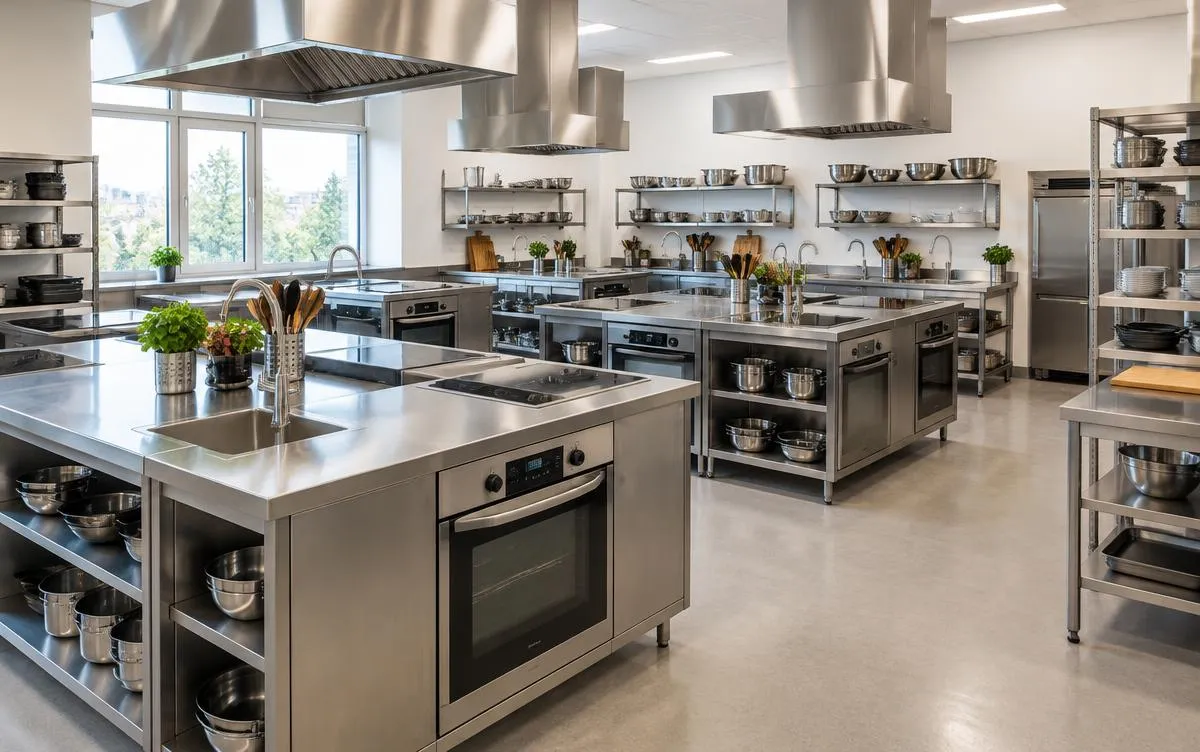 Stainless steel workstations, ovens and sinks in a training kitchen
